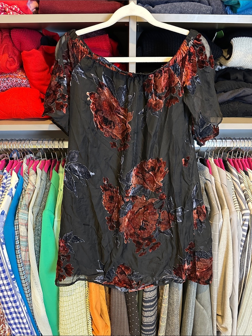 As U Wish black/rust crushed velvet shirt sheer sleeve lined mini dress size S